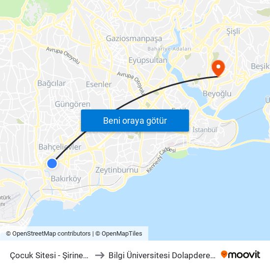 Çocuk Sitesi - Şirinevler Yönü to Bilgi Üniversitesi Dolapdere Yerleşkesi map