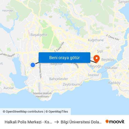 Halkali Polis Merkezi  - Kss Hastanesi Yönü to Bilgi Üniversitesi Dolapdere Yerleşkesi map