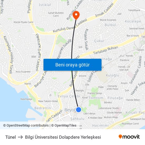 Tünel to Bilgi Üniversitesi Dolapdere Yerleşkesi map
