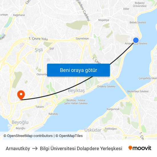 Arnavutköy to Bilgi Üniversitesi Dolapdere Yerleşkesi map