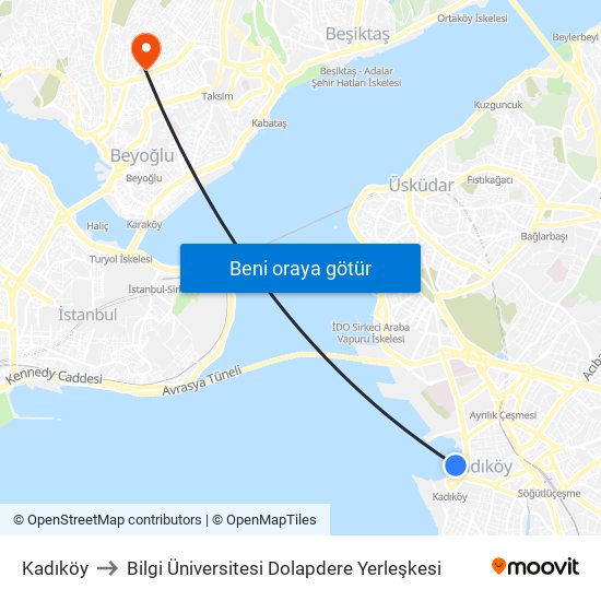 Kadıköy to Bilgi Üniversitesi Dolapdere Yerleşkesi map