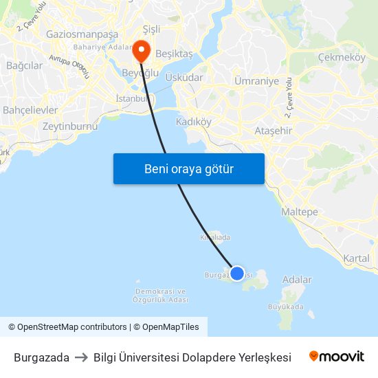 Burgazada to Bilgi Üniversitesi Dolapdere Yerleşkesi map