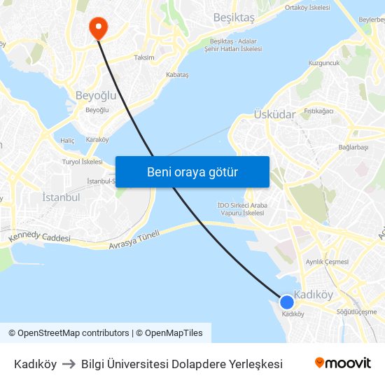 Kadıköy to Bilgi Üniversitesi Dolapdere Yerleşkesi map