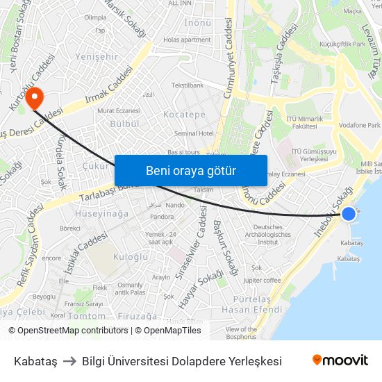 Kabataş to Bilgi Üniversitesi Dolapdere Yerleşkesi map
