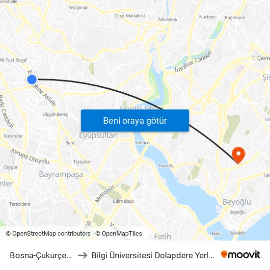 Bosna-Çukurçeşme to Bilgi Üniversitesi Dolapdere Yerleşkesi map