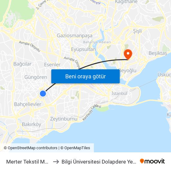 Merter Tekstil Merkezi to Bilgi Üniversitesi Dolapdere Yerleşkesi map