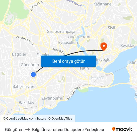 Güngören to Bilgi Üniversitesi Dolapdere Yerleşkesi map
