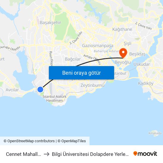 Cennet Mahallesi to Bilgi Üniversitesi Dolapdere Yerleşkesi map