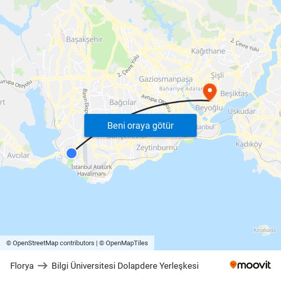 Florya to Bilgi Üniversitesi Dolapdere Yerleşkesi map