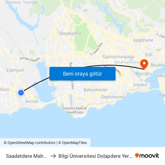 Saadetdere Mahallesi to Bilgi Üniversitesi Dolapdere Yerleşkesi map