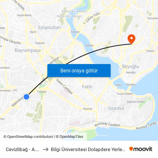 Cevizlibağ - A.Ö.Y. to Bilgi Üniversitesi Dolapdere Yerleşkesi map