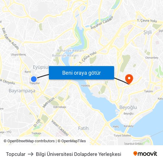 Topcular to Bilgi Üniversitesi Dolapdere Yerleşkesi map