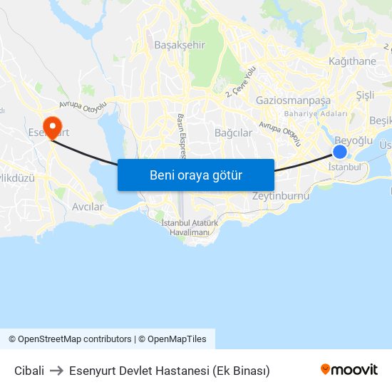 Cibali to Esenyurt Devlet Hastanesi (Ek Binası) map