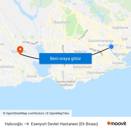 Halıcıoğlu to Esenyurt Devlet Hastanesi (Ek Binası) map