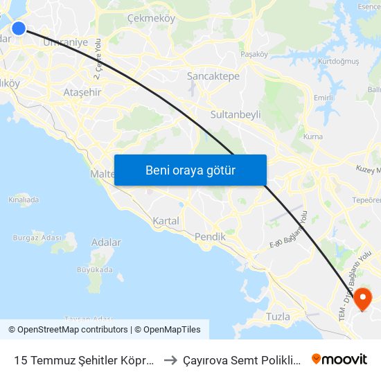 15 Temmuz Şehitler Köprüsü to Çayırova Semt Polikliniği map