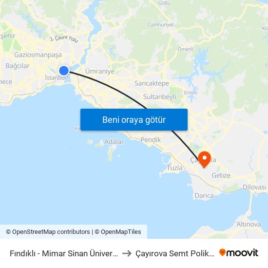Fındıklı - Mimar Sinan Üniversitesi to Çayırova Semt Polikliniği map