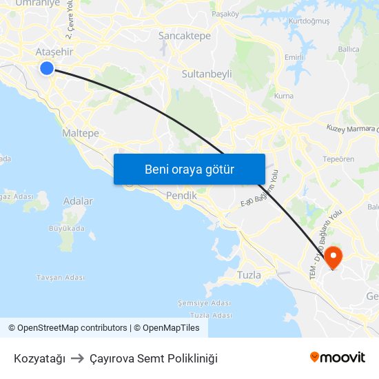 Kozyatağı to Çayırova Semt Polikliniği map