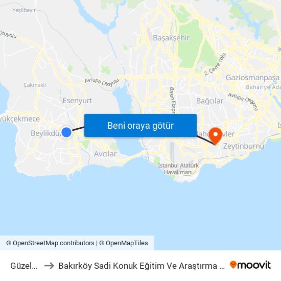 Güzelyurt to Bakırköy Sadi Konuk Eğitim Ve Araştırma Hastanesi map