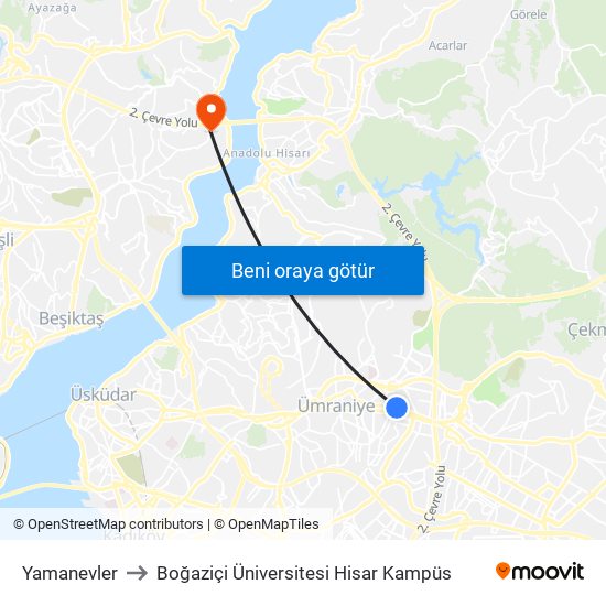 Yamanevler to Boğaziçi Üniversitesi Hisar Kampüs map