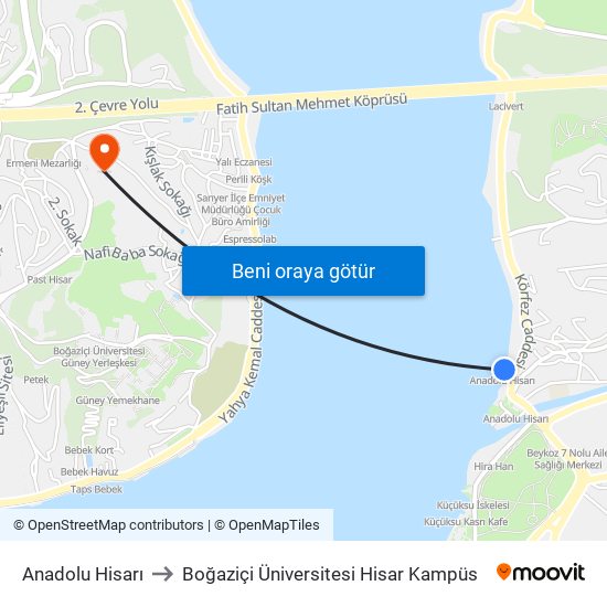 Anadolu Hisarı to Boğaziçi Üniversitesi Hisar Kampüs map