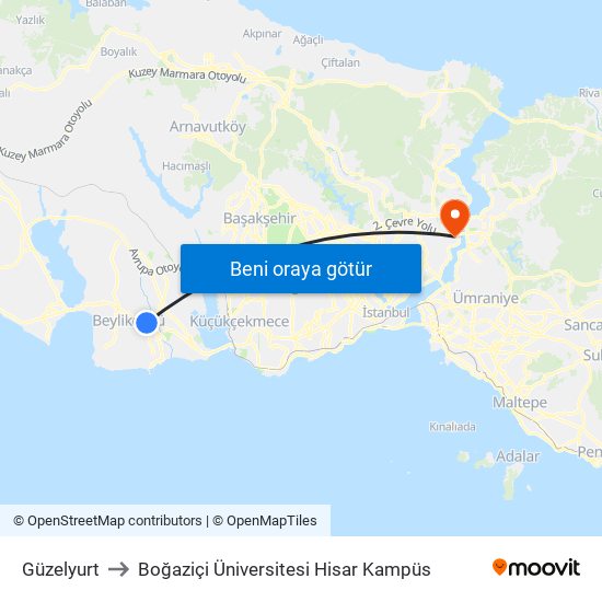 Güzelyurt to Boğaziçi Üniversitesi Hisar Kampüs map