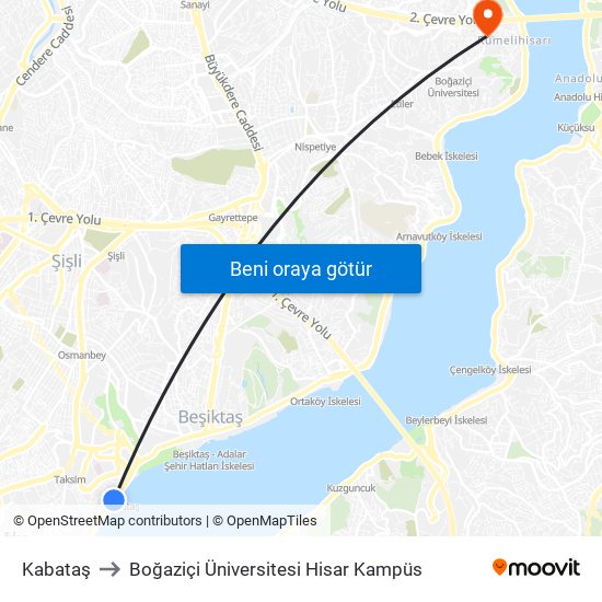 Kabataş to Boğaziçi Üniversitesi Hisar Kampüs map