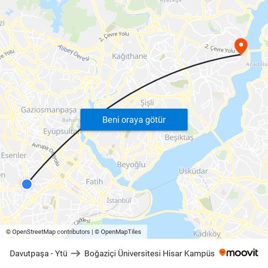 Davutpaşa - Ytü to Boğaziçi Üniversitesi Hisar Kampüs map