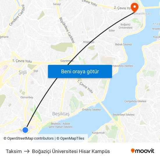 Taksim to Boğaziçi Üniversitesi Hisar Kampüs map