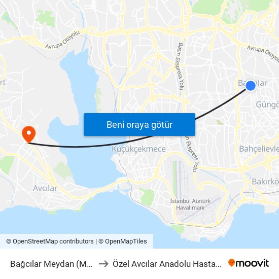 Bağcılar Meydan (M1b) to Özel Avcılar Anadolu Hastanesi map
