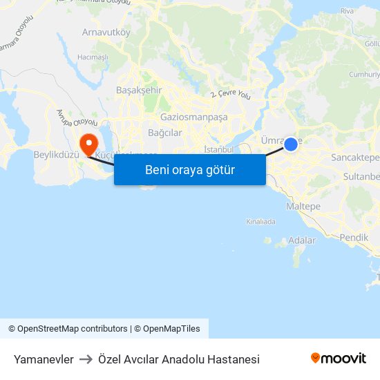 Yamanevler to Özel Avcılar Anadolu Hastanesi map