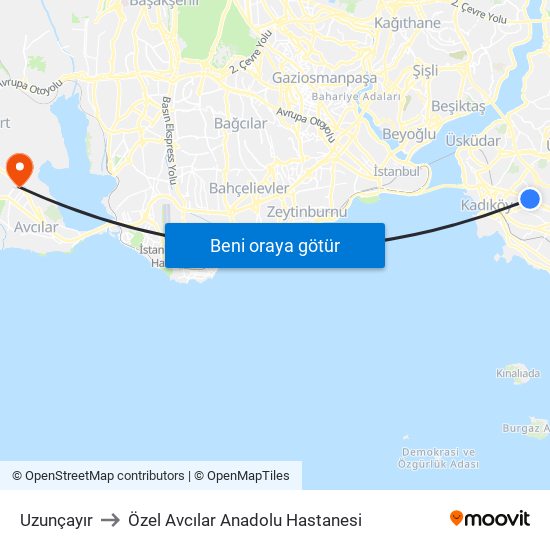 Uzunçayır to Özel Avcılar Anadolu Hastanesi map