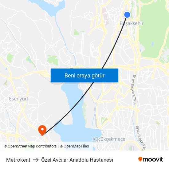 Metrokent to Özel Avcılar Anadolu Hastanesi map