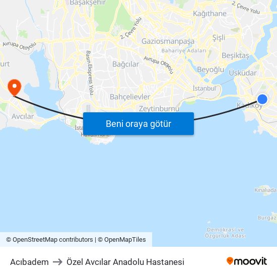 Acıbadem to Özel Avcılar Anadolu Hastanesi map