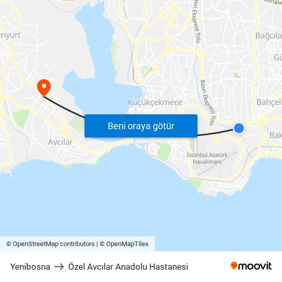 Yenibosna to Özel Avcılar Anadolu Hastanesi map