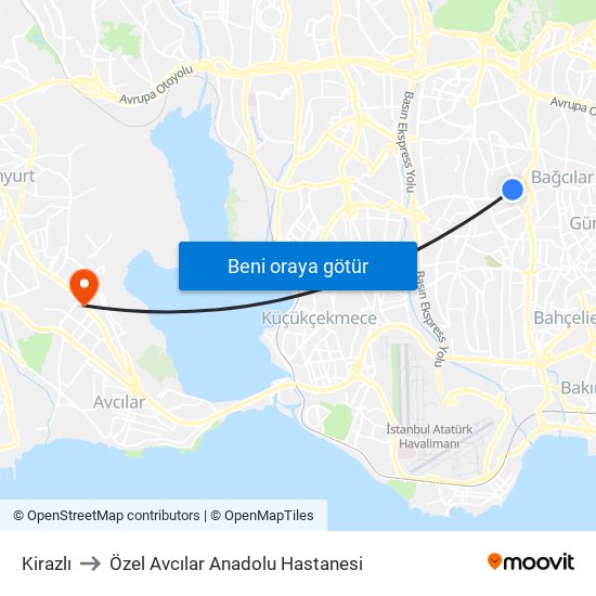 Kirazlı to Özel Avcılar Anadolu Hastanesi map