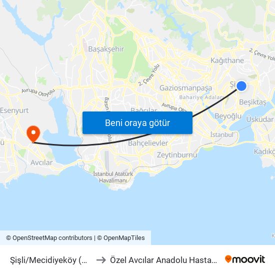 Şişli/Mecidiyeköy (M2) to Özel Avcılar Anadolu Hastanesi map