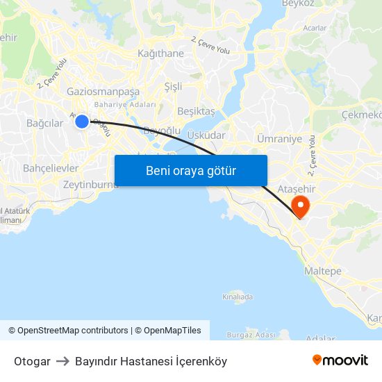 Otogar to Bayındır Hastanesi İçerenköy map