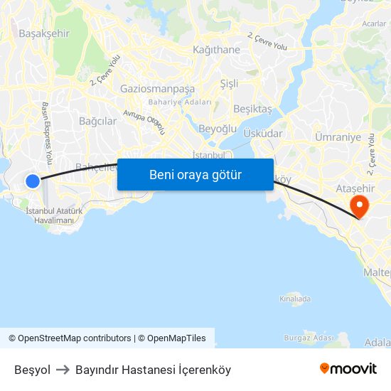 Beşyol to Bayındır Hastanesi İçerenköy map