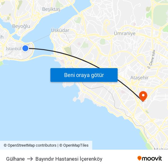 Gülhane to Bayındır Hastanesi İçerenköy map