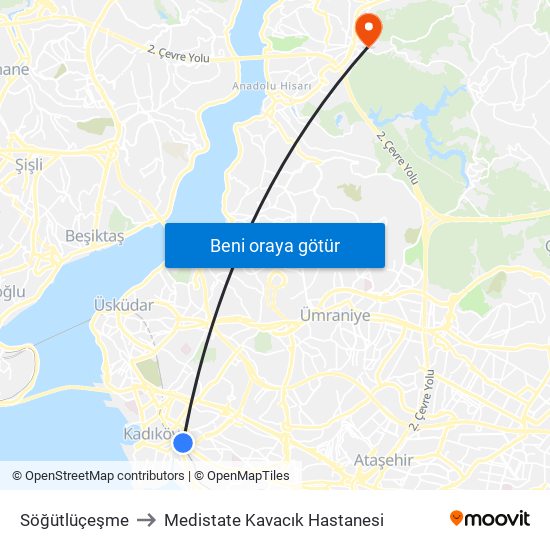 Söğütlüçeşme to Medistate Kavacık Hastanesi map