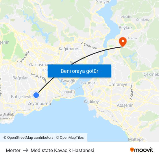 Merter to Medistate Kavacık Hastanesi map