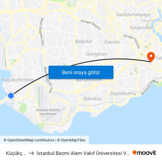 Küçükçekmece to İstanbul Bezmi Alem Vakıf Üniversitesi Valide Sultan Gureba Hastanesi map
