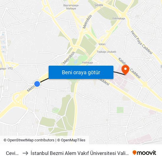 Cevizlibağ to İstanbul Bezmi Alem Vakıf Üniversitesi Valide Sultan Gureba Hastanesi map