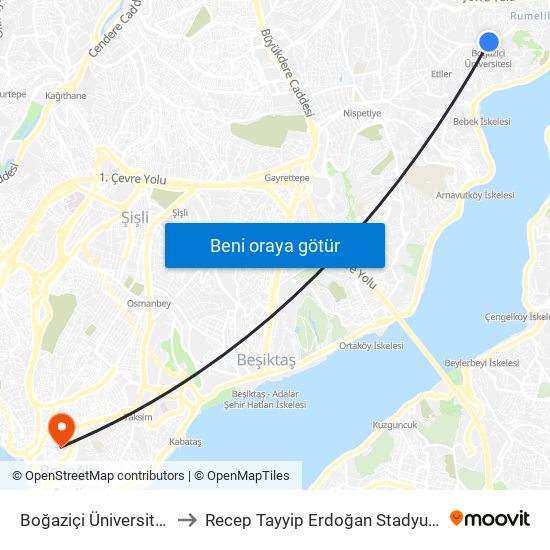 Boğaziçi Üniversitesi to Recep Tayyip Erdoğan Stadyumu map