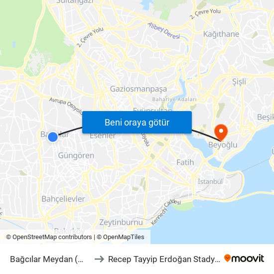 Bağcılar Meydan (M1b) to Recep Tayyip Erdoğan Stadyumu map