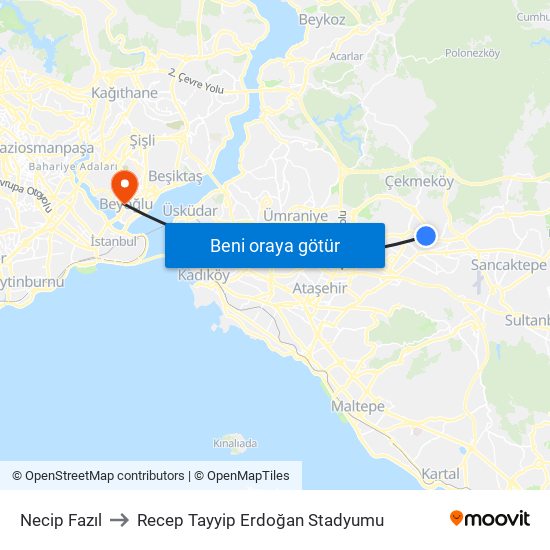 Necip Fazıl to Recep Tayyip Erdoğan Stadyumu map