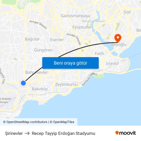 Şirinevler to Recep Tayyip Erdoğan Stadyumu map