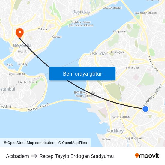 Acıbadem to Recep Tayyip Erdoğan Stadyumu map