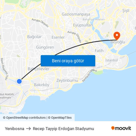 Yenibosna to Recep Tayyip Erdoğan Stadyumu map