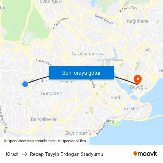 Kirazlı to Recep Tayyip Erdoğan Stadyumu map